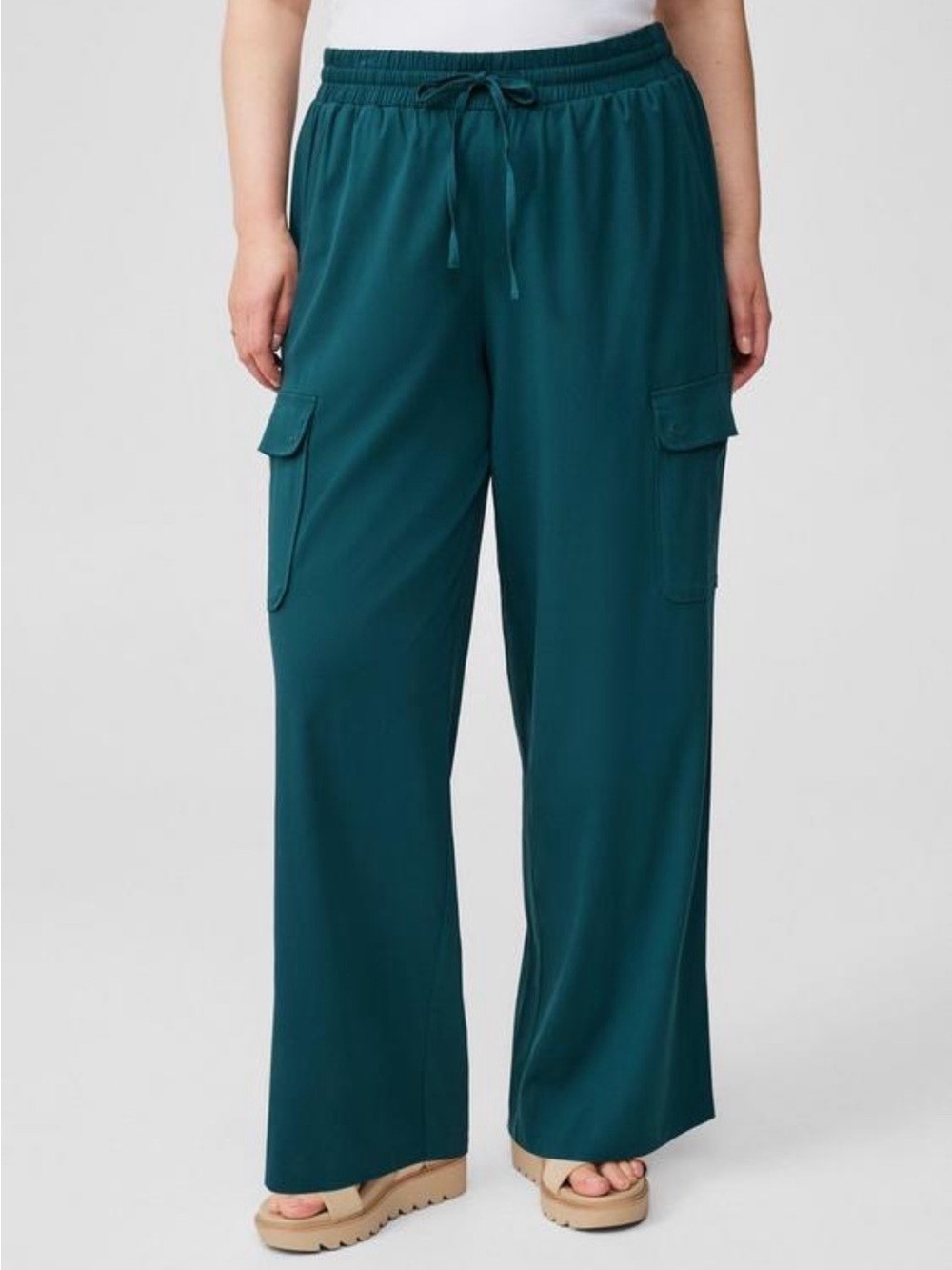 Torrid Wide Leg Cargo Pants Size 00R Teal Green Drawstring 27” Inseam